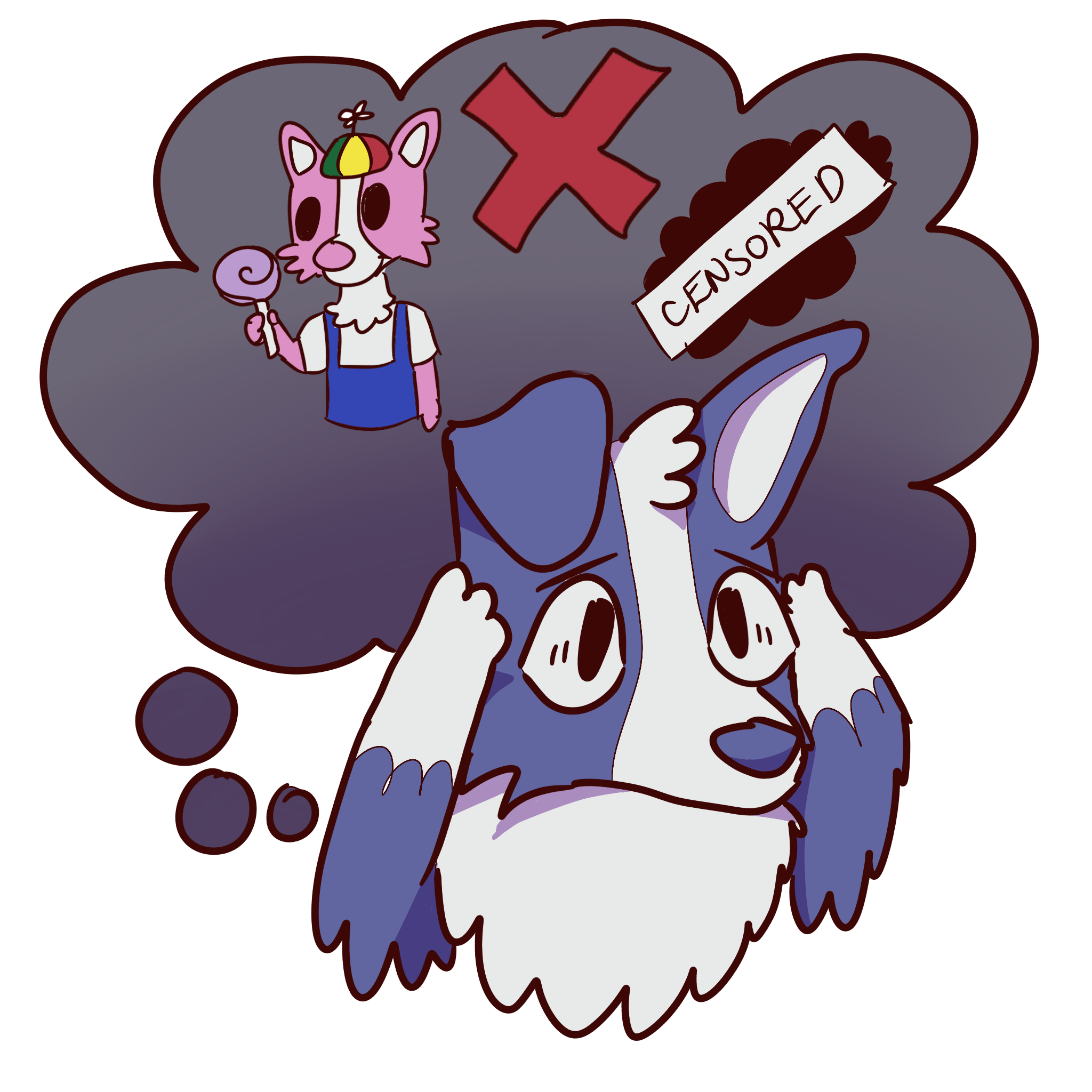 a blue dog holding its head surrounded by a thought bubble with a child, a red x and a bubble with the word censored over it